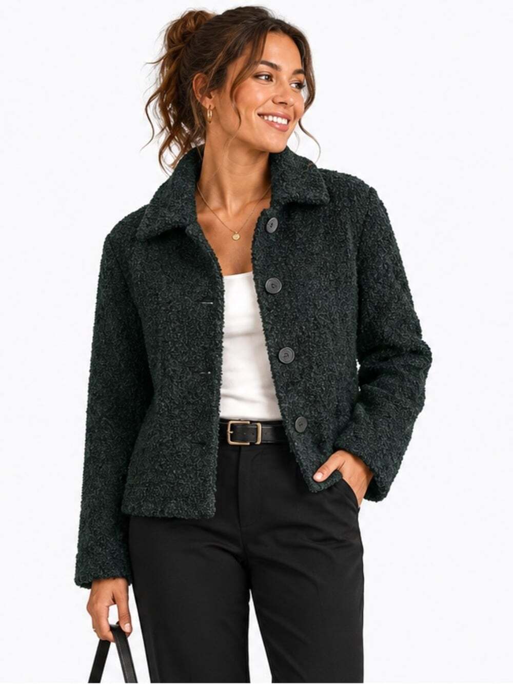 Eileen Fisher Green Wool Button Up Jacket Women Medium Minimalist Chic